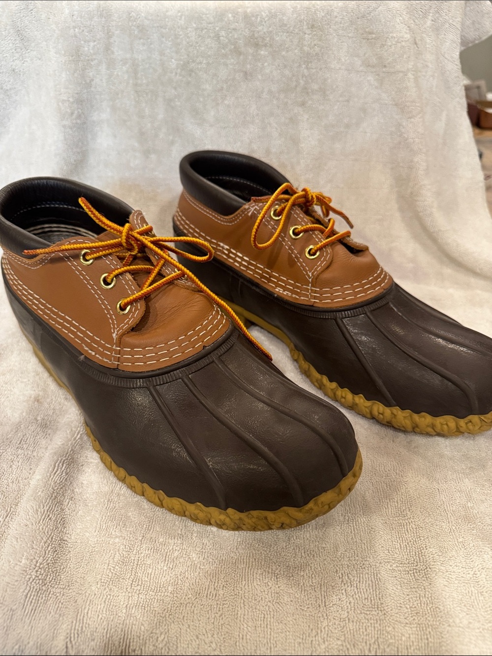 L.L. Bean Two-Tone Brown and Tan Duck Boots with Yellow-Tone Laces